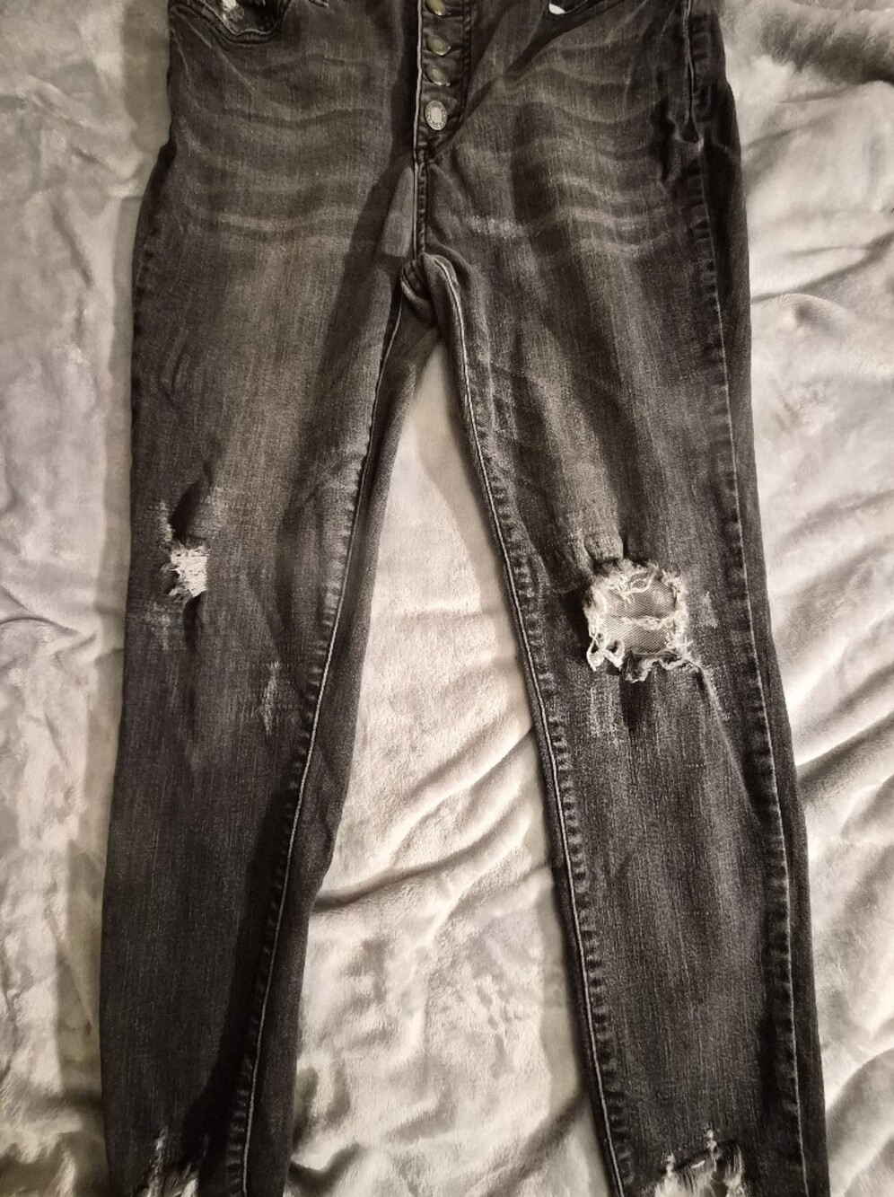 Judy Blue Distressed Skinny Jeans 13 31 Grey High Rise Button Fly Raw Fringe Hem - Picture 8 of 11